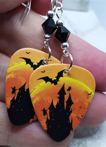 Haunted Castle with Bats and Ghosts Guitar Pick Earrings with Black Swarovski Crystals