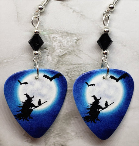 Witch on Broomstick with Cat Guitar Pick Earrings with Black Swarovski Crystals