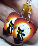 Black Cat and Flying Bats in Front of a Full Moon Guitar Pick Earrings with Yellow Swarovski Crystals