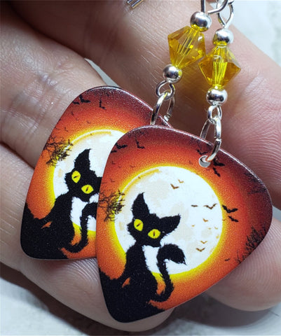 Black Cat and Flying Bats in Front of a Full Moon Guitar Pick Earrings with Yellow Swarovski Crystals