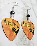 Happy Halloween Black Cat Guitar Pick Earrings with Black Swarovski Crystals