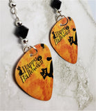 Happy Halloween Black Cat Guitar Pick Earrings with Black Swarovski Crystals