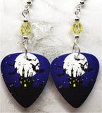 Haunted Castle in Front of a Full Moon Guitar Pick Earrings with Yellow Swarovski Crystals