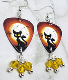 Black Cat and Flying Bats in Front of a Full Moon Guitar Pick Earrings with Yellow Swarovski Crystal Dangles