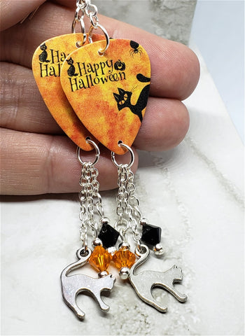 Happy Halloween Black Cat Guitar Pick Earrings with Cat Charm and Swarovski Crystal Dangles