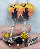 Haunted Castle with Bats and Ghosts Guitar Pick Earrings with Bat Charms and Pave Bead Dangles
