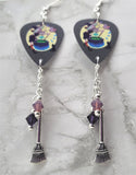 Witch with Cauldron Guitar Pick Earrings with Charm and Swarovski Crystal Dangles