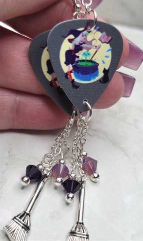 Witch with Cauldron Guitar Pick Earrings with Charm and Swarovski Crystal Dangles