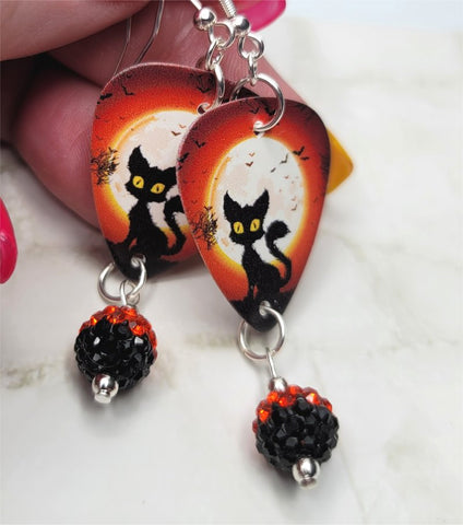 Black Cat and Flying Bats in Front of a Full Moon Guitar Pick Earrings with BiColor Pave Bead Dangles