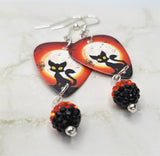 Black Cat and Flying Bats in Front of a Full Moon Guitar Pick Earrings with BiColor Pave Bead Dangles