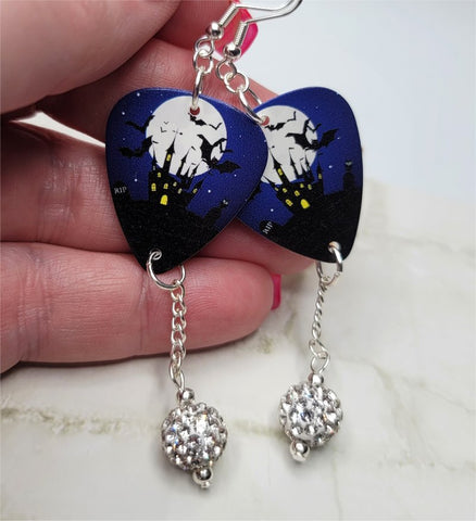 Haunted Castle in Front of a Full Moon Guitar Pick Earrings with White Pave Bead Dangles