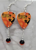 Happy Halloween Black Cat Guitar Pick Earrings with BiColor Pave Bead Dangles