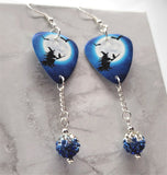 Witch on Broomstick with Cat Guitar Pick Earrings with Blue Ombre Pave Bead Dangles