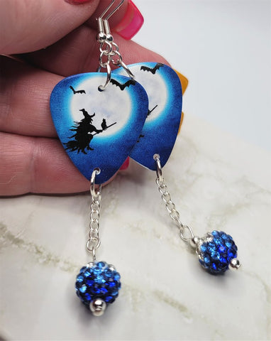 Witch on Broomstick with Cat Guitar Pick Earrings with Blue Ombre Pave Bead Dangles