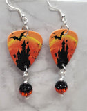 Haunted Castle with Bats and Ghosts Guitar Pick Earrings with BiColor Pave Bead Dangles