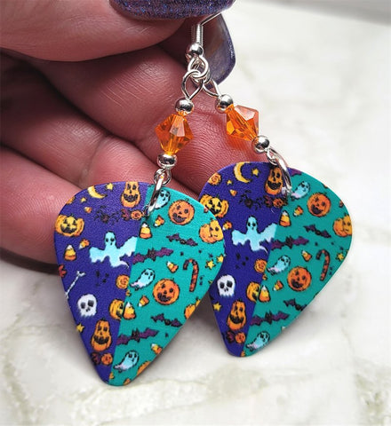 Halloween Themed Guitar Pick Earrings with Orange Swarovski Crystals