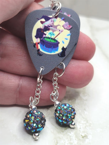 Witch with Cauldron Guitar Pick Earrings with Gray Pave Bead Dangles