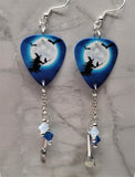 Witch on Broomstick with Cat Guitar Pick Earrings with Broomstick Charm and Swarovski Crystal Dangles