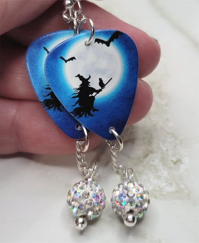 Witch on Broomstick with Cat Guitar Pick Earrings with White AB Pave Bead Dangles