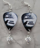 Happy Halloween Raven Guitar Pick Earrings with White Pave Bead Dangles