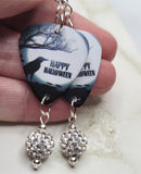 Happy Halloween Raven Guitar Pick Earrings with White Pave Bead Dangles