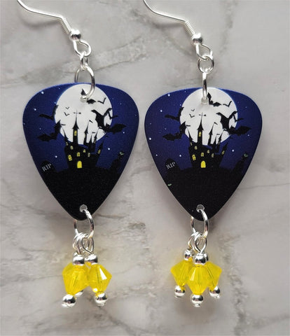 Haunted Castle in Front of a Full Moon Guitar Pick Earrings with Yellow Opal Swarovski Crystal Dangles