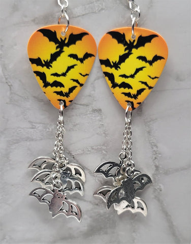 Flying Bats Guitar Pick Earrings with Bat Charm Dangles