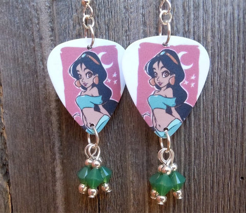 Jasmine Of Aladdin Guitar Pick Earrings with Green Opal Crystal Dangles