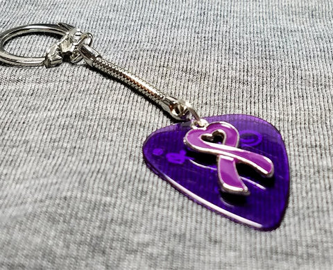 Purple Ribbon Heart Charm on Transparent Purple Guitar Pick Keychain