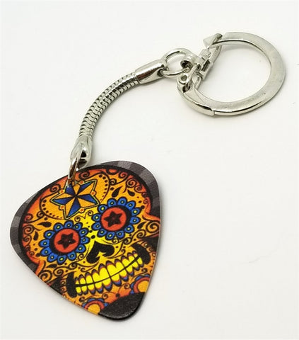Orange and Blue Starry Sugar Skull Guitar Pick Keychain