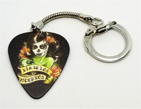 Sugar Skull Woman with Dia De Los Muertos Banner Guitar Pick Keychain