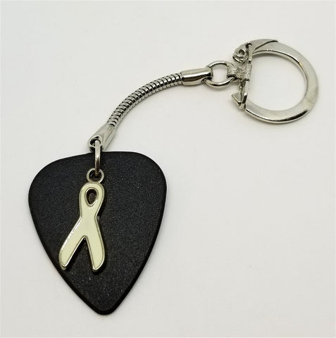 White Ribbon Charm on Black Guitar Pick Keychain
