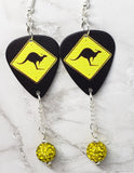 Kangaroo Crossing Guitar Pick Earrings with Yellow Pave Bead Dangles
