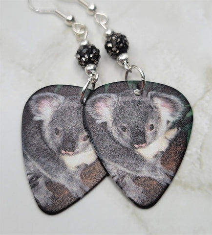 Koala Bear Guitar Pick Earrings with Pewter Pave Beads