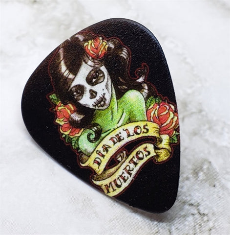 Sugar Skull Woman with Dia de los Muertos Banner Guitar Pick Pin or Tie Tack
