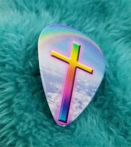 God's Promise Cross with Rainbow Guitar Pick Pin or Tie Tack
