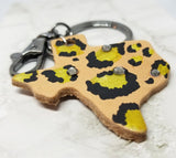 Texas Shaped Hand Painted Gold and Black Leopard Print Real Leather Keychain with Rhinestones