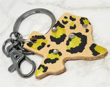 Texas Shaped Hand Painted Gold and Black Leopard Print Real Leather Keychain with Rhinestones