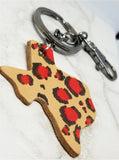Texas Shaped Hand Painted Red and Black Leopard Print Real Leather Keychain
