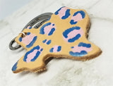 Texas Shaped Hand Painted Pink and Blue Leopard Print Real Leather Keychain