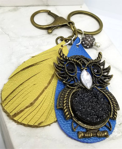 Antiqued Brass Owl Druzy Pendant with Real Leather on an Antiqued Brass Keychain
