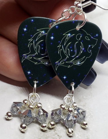 Horoscope Astrological Sign Leo Guitar Pick Earrings with Metallic Silver Swarovski Crystal Dangles