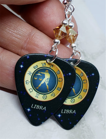 Horoscope Astrological Sign Libra Guitar Pick Earrings with Metallic Sunshine Swarovski Crystals