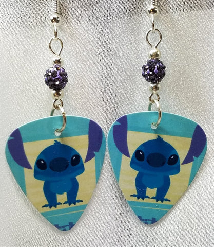 Lilo and Stitch's Stitch Guitar Pick Earrings with Purple Pave Beads