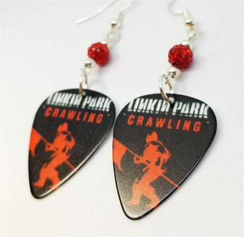 Linkin Park Crawling Guitar Pick Earrings with Red Pave Beads