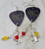 Happy New Year Guitar Pick Earrings with Silver Star Charm and Swarovski Crystal Dangles