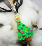 Handmade Polymer Clay Christmas Tree Pendant Necklace on Black Ribbon Cord