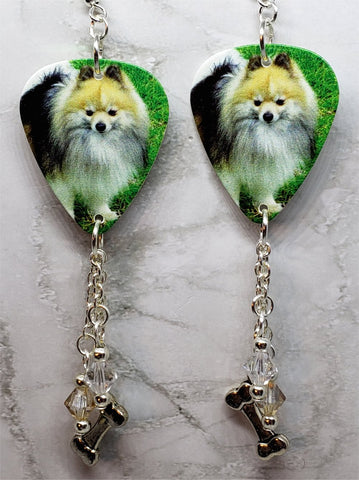 Pomeranian Guitar Pick Earrings with Bone Charm and Swarovski Crystal Dangles