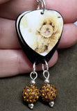 Tan Fluffy Poodle Guitar Pick Earrings with Brown Pave Bead Dangles