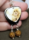 Tan Fluffy Poodle Guitar Pick Earrings with Brown Pave Bead Dangles